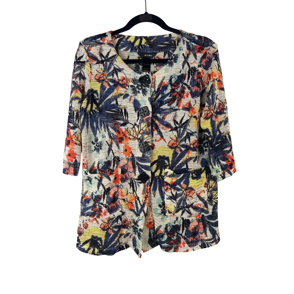 Ali Miles Floral Open Knit Button Front Cardigan Pockets Colorful Petite Small